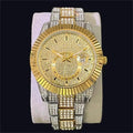 Silver full diamond night glow waterproof men's watch with 42mm dial and gold-plated strap
