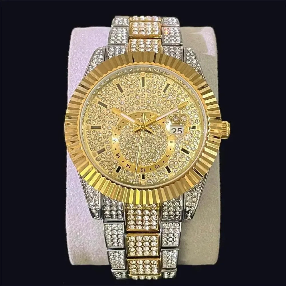 Silver full diamond night glow waterproof men's watch with 42mm dial and gold-plated strap