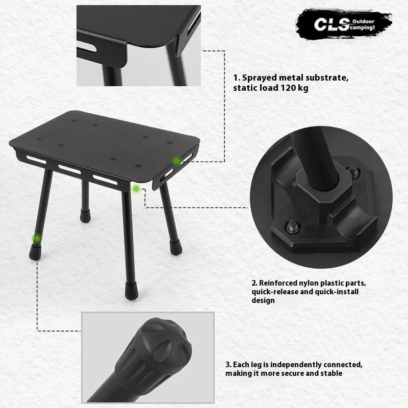 CLS aluminium folding camping stool shown in army green, converts into a small table with storage bag