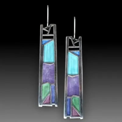 Water drop-shaped silver alloy earrings with irregular oil colour finish measuring 4cm long