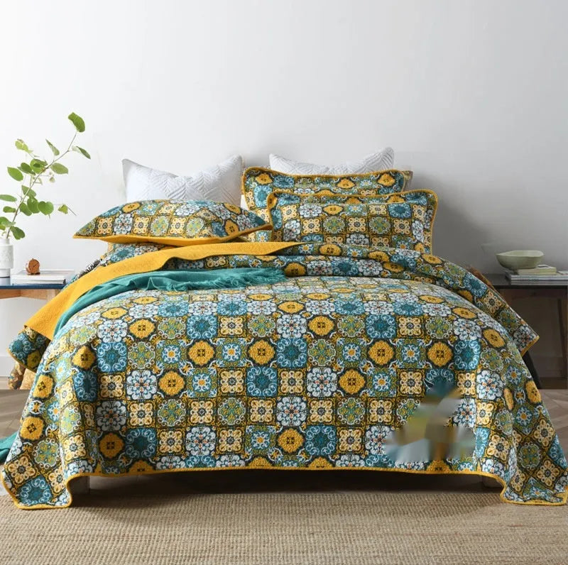 Double-sided pure cotton bedspread set with geometric pattern, 230x250cm cover and two 50x70cm pillowcases, on a 1.8m bed