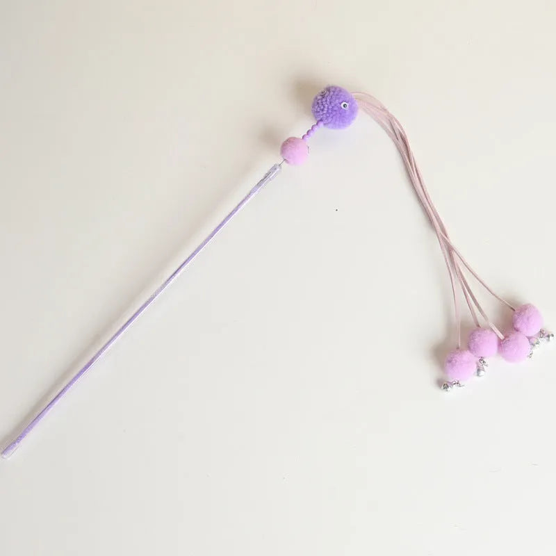 Blue cat toy stick with elastic cord and feather tassel for interactive play