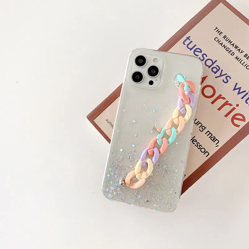 Silicone soft cover phone case with bracelet starry starry pattern and lanyard hole for iPhone 14 15 Pro Max