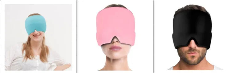 Black reusable ice gel headache relief eye mask on a white background.