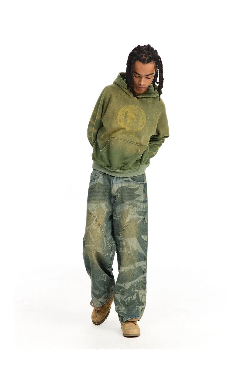 Green loose-fit hooded velvet cardigan with long sleeves, front view, featuring Science And Reason Buddha print