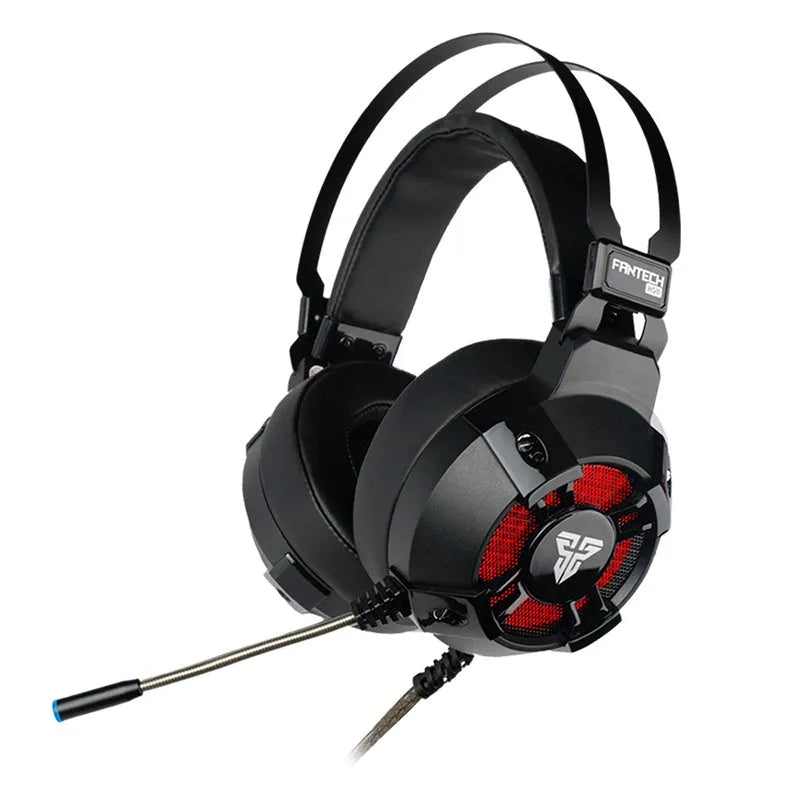 Wired black gaming headset with built-in microphone and 2.2 metre cable on a desk