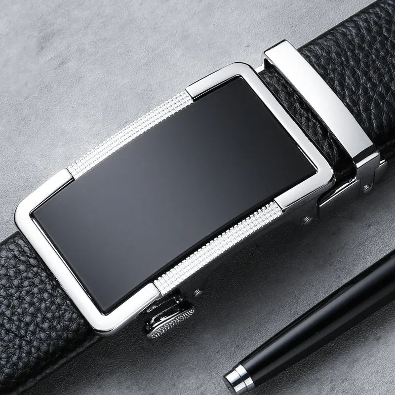Men's leather belt with an automatic alloy buckle in gun black, silver, or gold colour options.