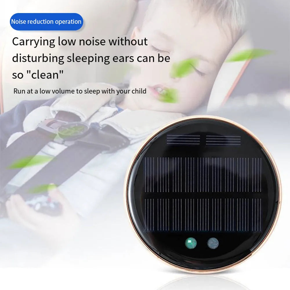 Car mounted solar air humidifier with solar panel, black colour, on vehicle vent