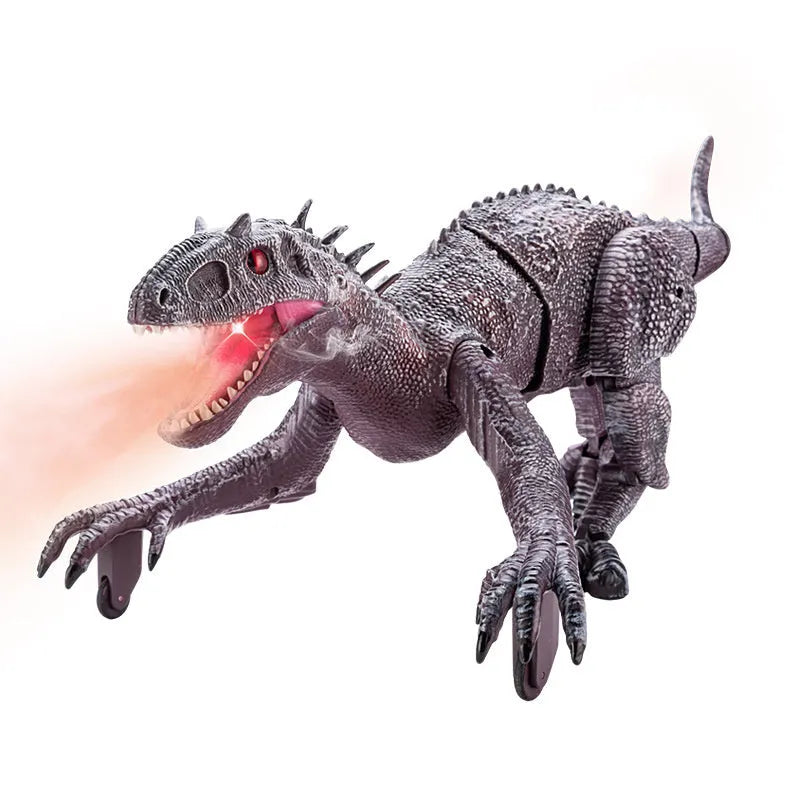 Remote controlled dinosaur model toy in grey with 3D eyeballs and roaring sound effect