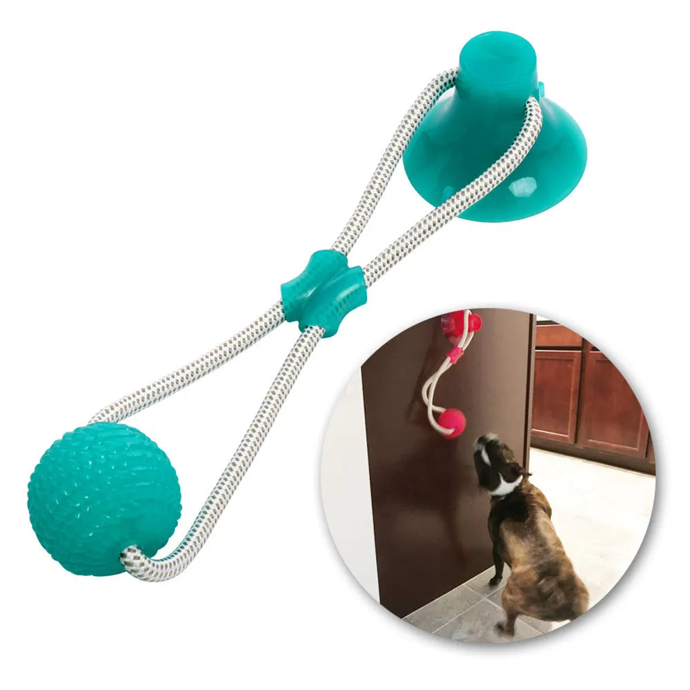 Pet dog rubber sucker molar toy in five colours blue green orange purple red on a light background