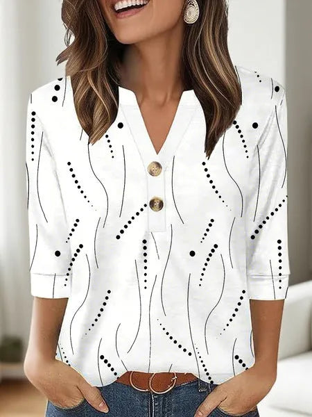 Women's loose-fit casual V-neck top with a 3D printed pattern in Japanese Korean style.