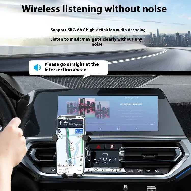 USB car Bluetooth audio receiver with USB-A plug and 3.5mm jack connected by PU-quilted cable