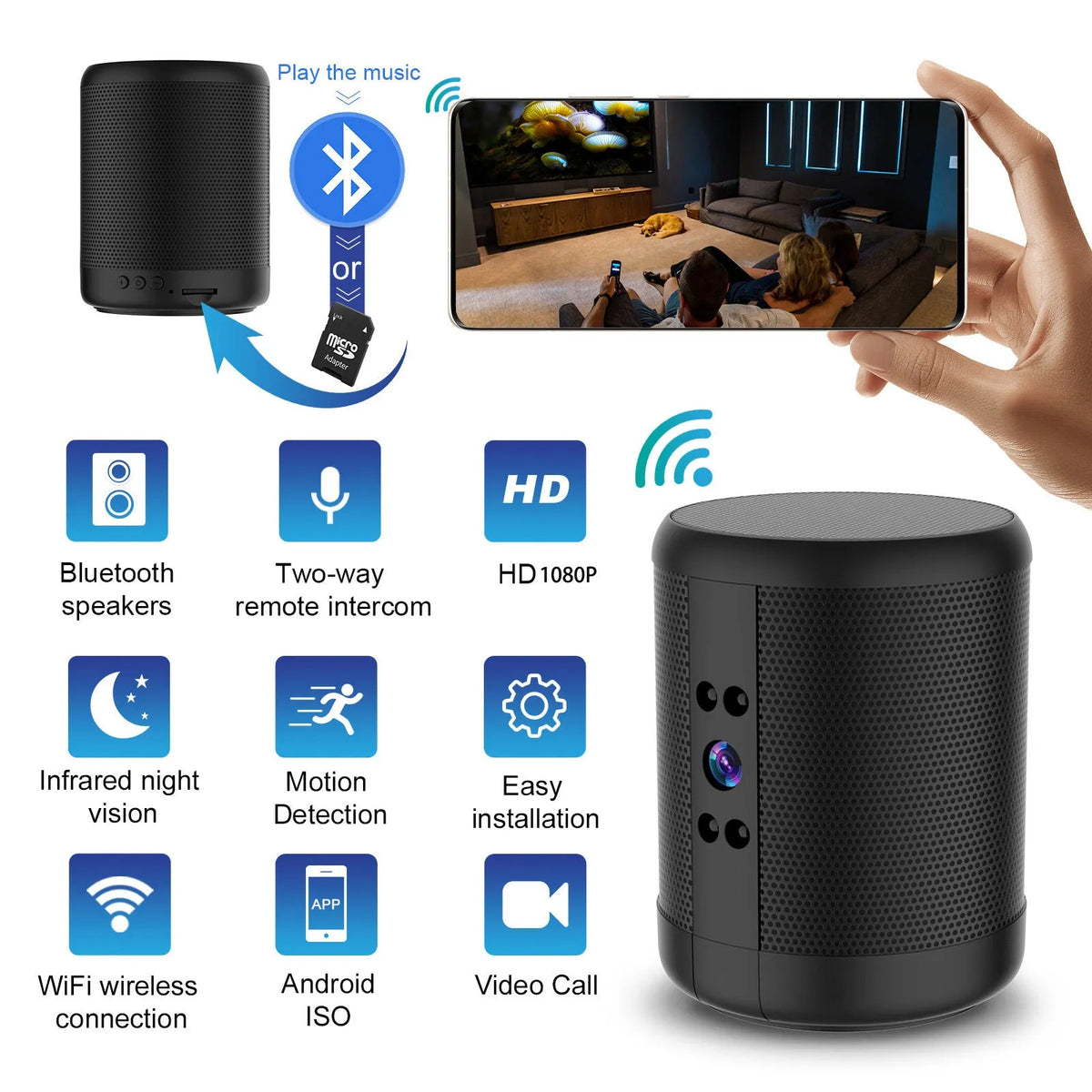 Home Smart Surveillance Camera HD plug-in-free black dual voice night vision alarm detection 10.5 x 7.2cm