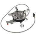 Silver portable split camping stove made of stainless steel and copper, shown folded with gas hose.