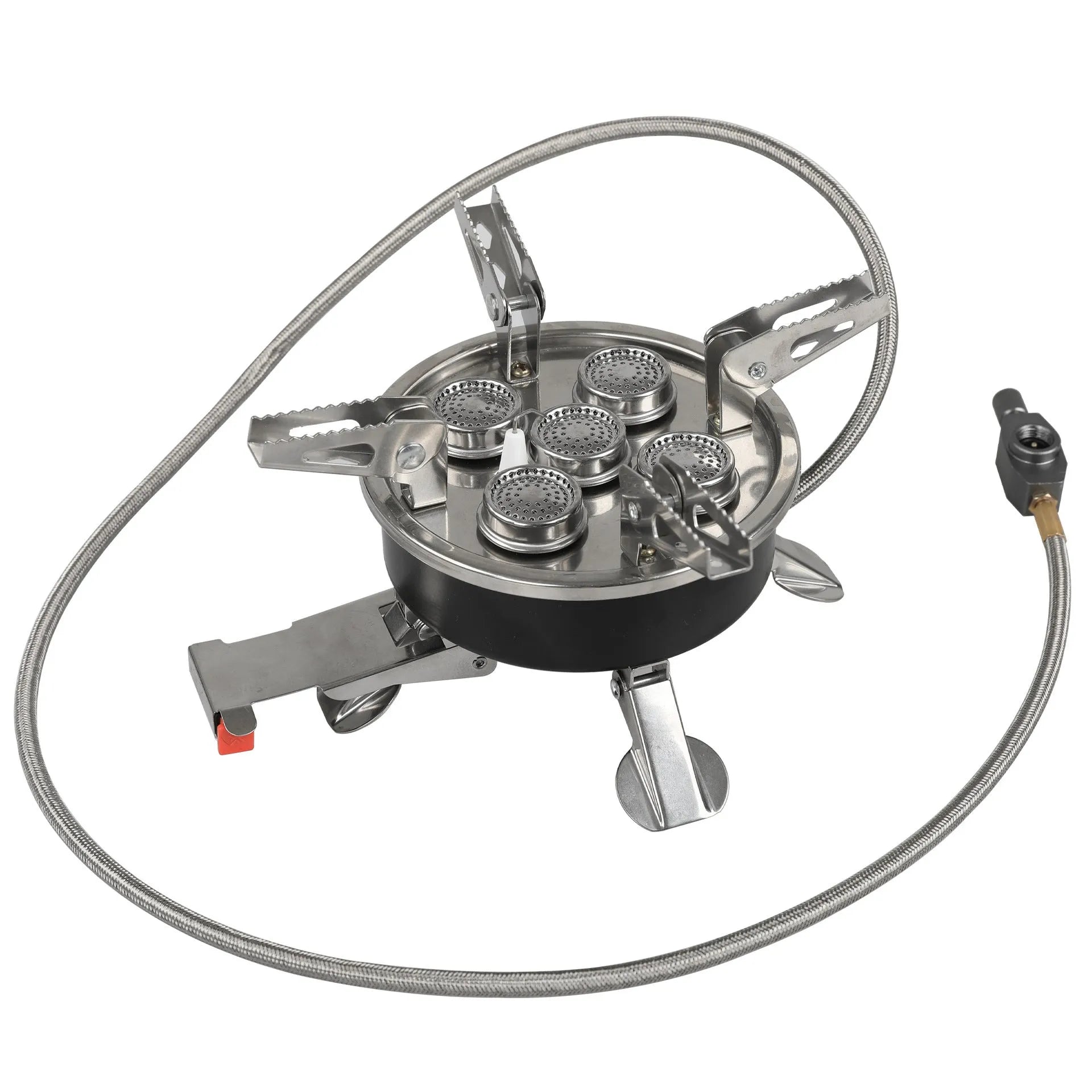 Silver portable split camping stove made of stainless steel and copper, shown folded with gas hose.