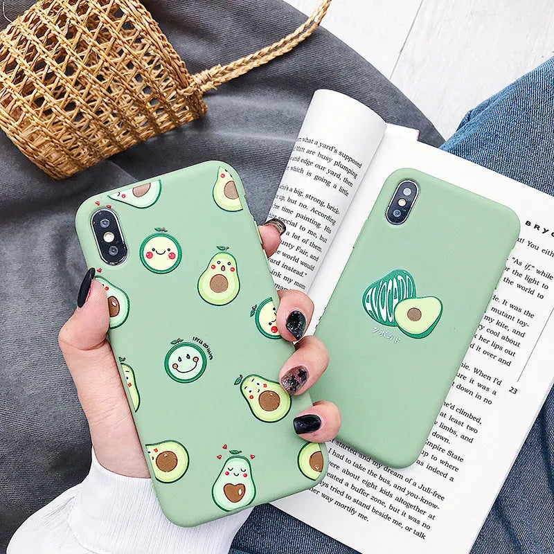 A green cartoon avocado design on a flexible TPU phone case for iPhone and Android models.