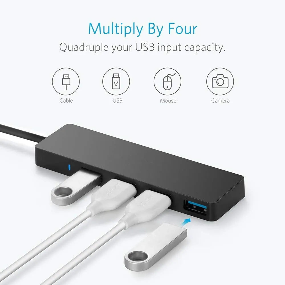 Black USB 3.0 hub with four ports, a 30cm cable, and LED status indicators next to each port.