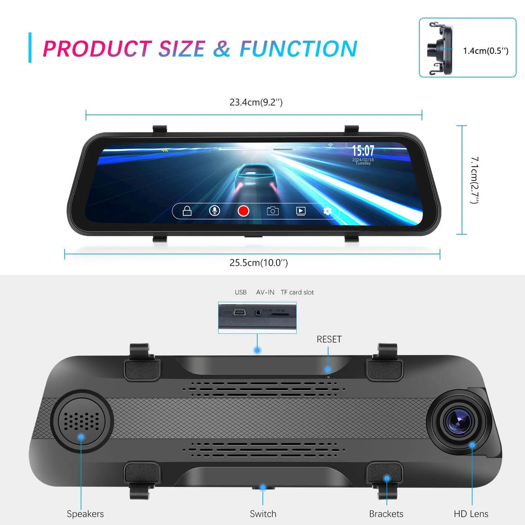 9.66-inch streaming media rearview mirror dash cam with touch screen and dual camera recording system