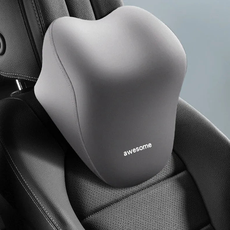 Automotive headrest and lumbar support pillow set in beige, black, and grey colour options