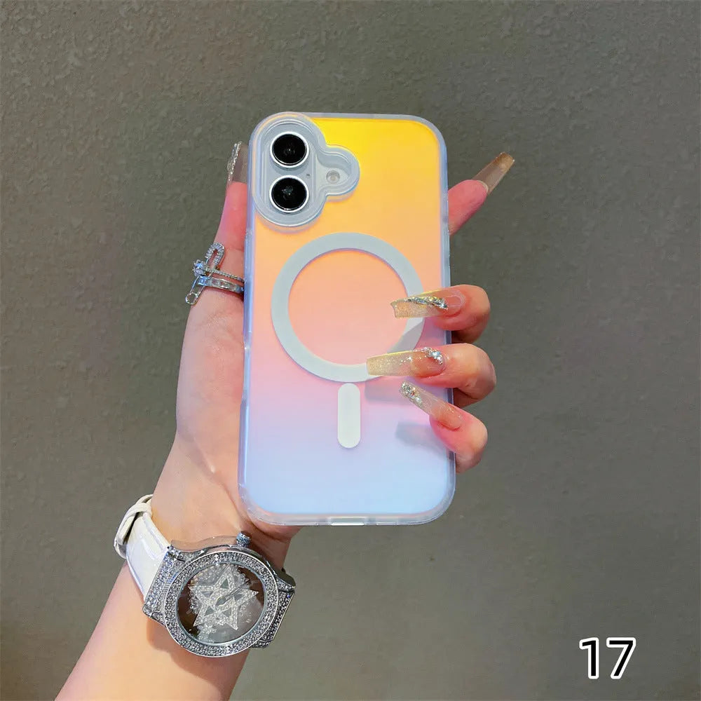 Laser gradient frosted magnetic phone case for iPhone 17 models on a table.