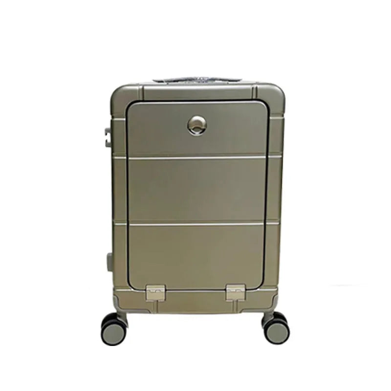 20-inch front opening cabin suitcase in titanium silver colour with universal wheels and integrated cup holder.