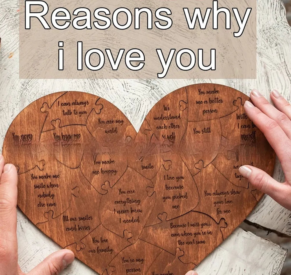 Reasons Why I Love You wooden heart puzzle with light brown colour and 20 love messages