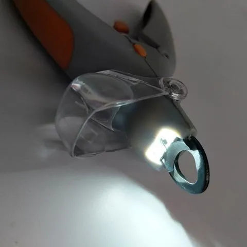 Yellow and grey pet nail clipper with LED light and magnifying glass, 14 cm long