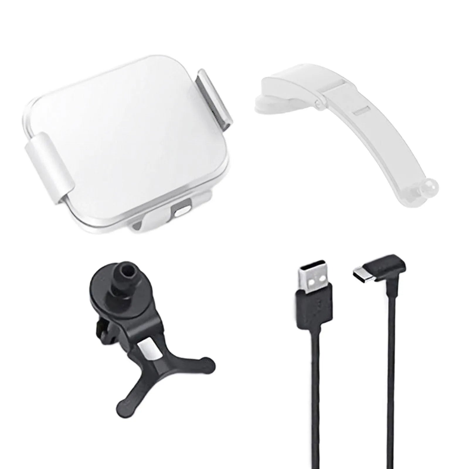Grey wireless charging car phone holder with folding screen showing air conditioner clip and suction cup mounting options