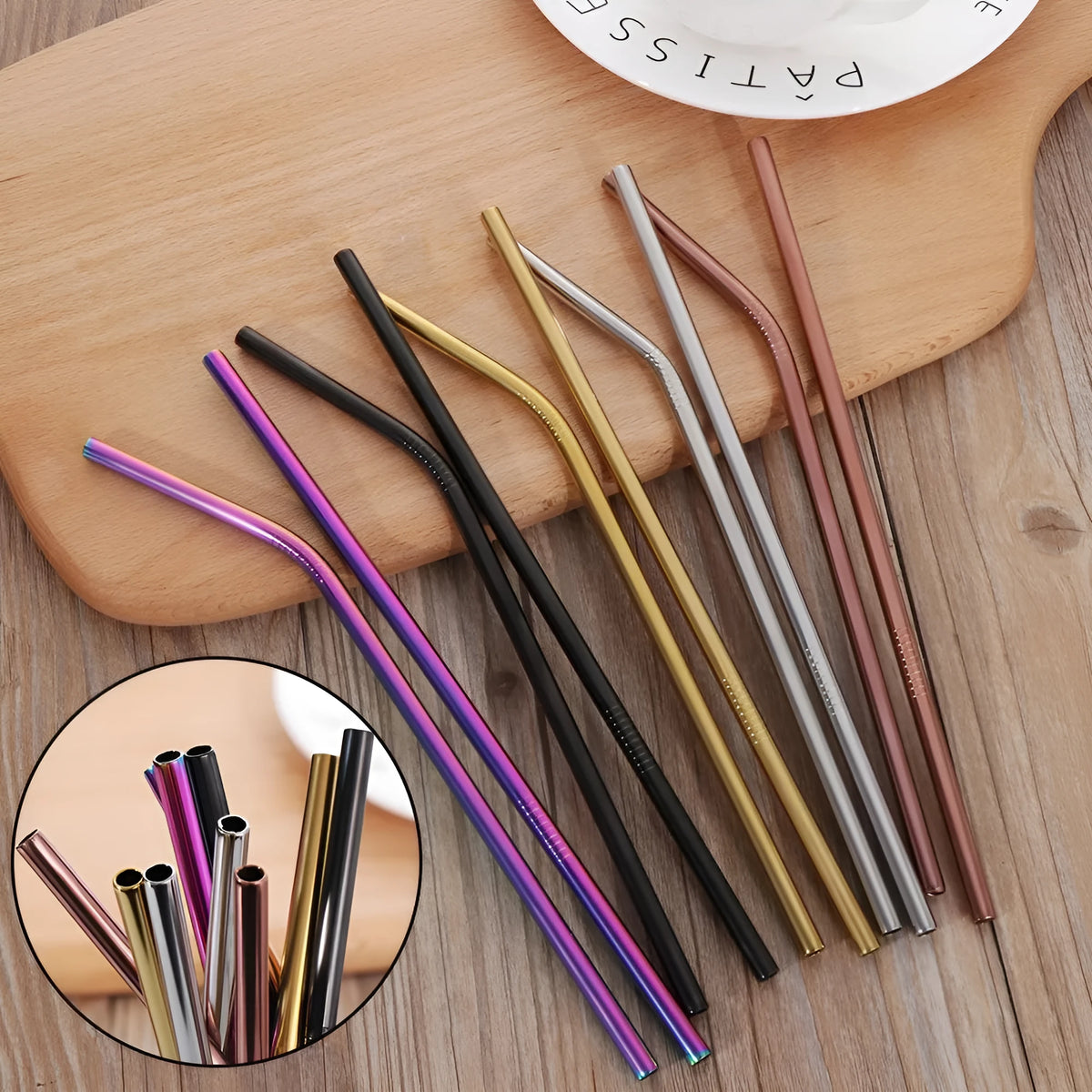 Set of colourful stainless steel reusable straws with non-slip lines, in straight and bent styles, with a cleaning brush