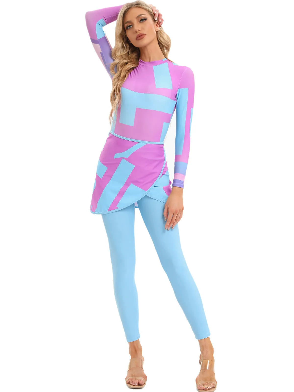 Conservative blue swimsuit and apron three-piece set for women on a mannequin.