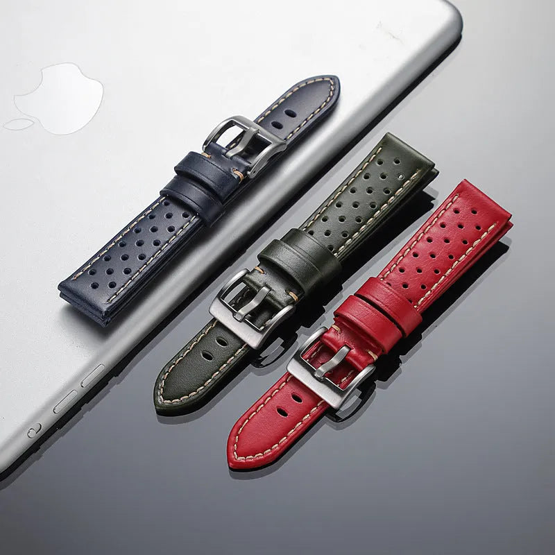 New business hollow-out first layer cowhide watch strap in six colour options on white background
