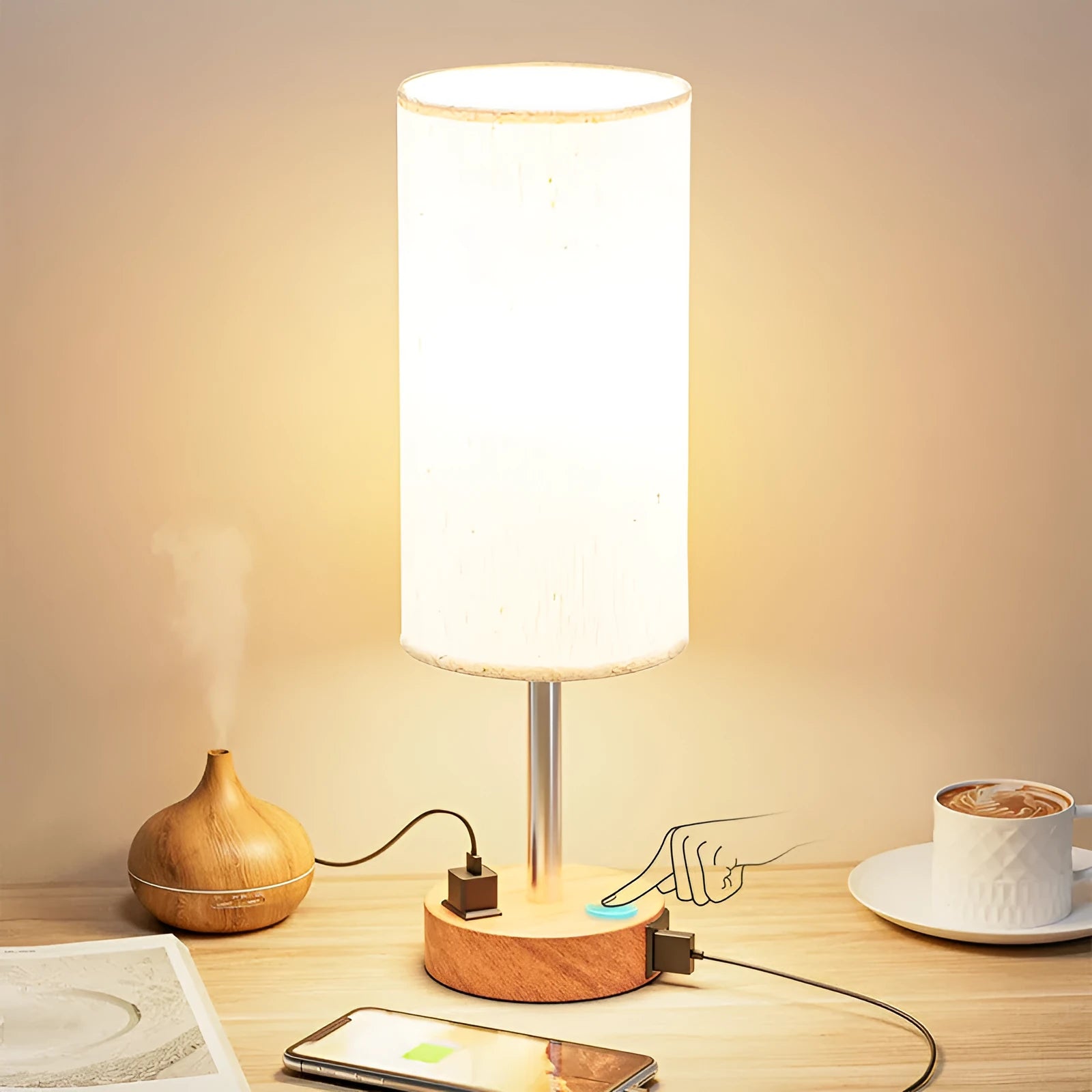 Night Wood Grain touch dimming decorative table lamp with metal base
