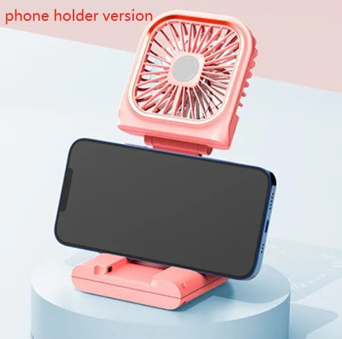 Hands-free wearable neck fan with dual blue cooling blades and USB charging cable.