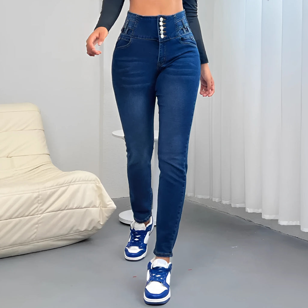 Dark blue women's straight-leg jeans with breasted design and button details.
