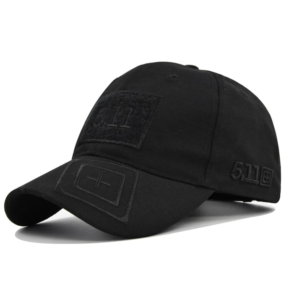 Cotton baseball cap with wide brim and adjustable back, displayed on a neutral background