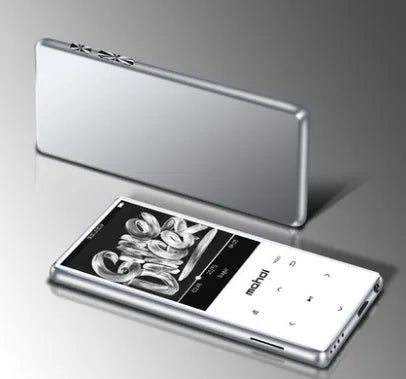 Silver portable MP3 player with a 2.4-inch touch screen showing music playback interface.