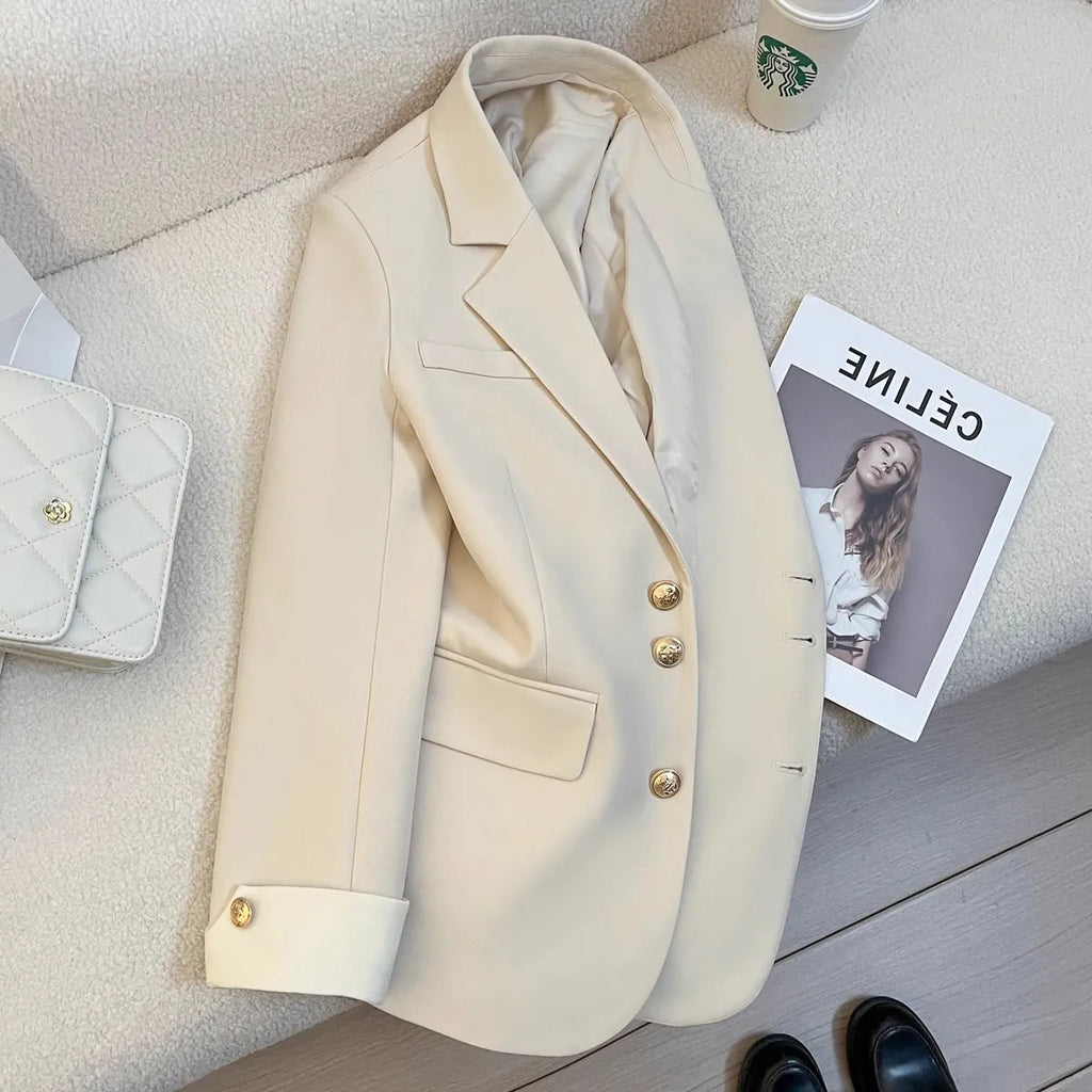 Women's Korean style polyester coat loose fit solid colour long sleeve with pockets 65cm