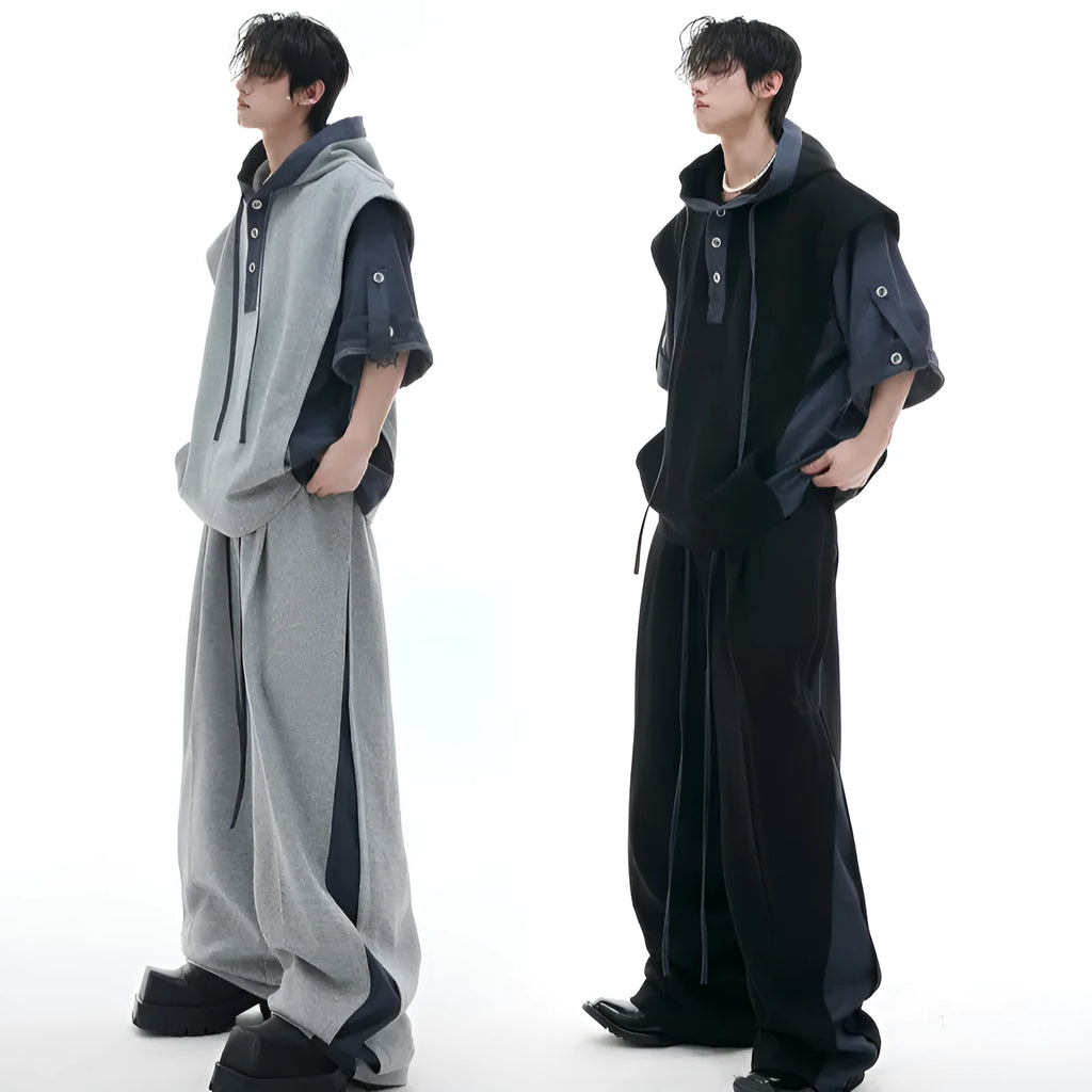 Men's black polyester hooded short sleeve jacket and trousers with three-dimensional stitching