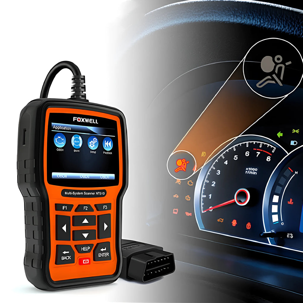 Foxwell NT510 automotive diagnostic tool with orange and black casing and large TFT colour screen