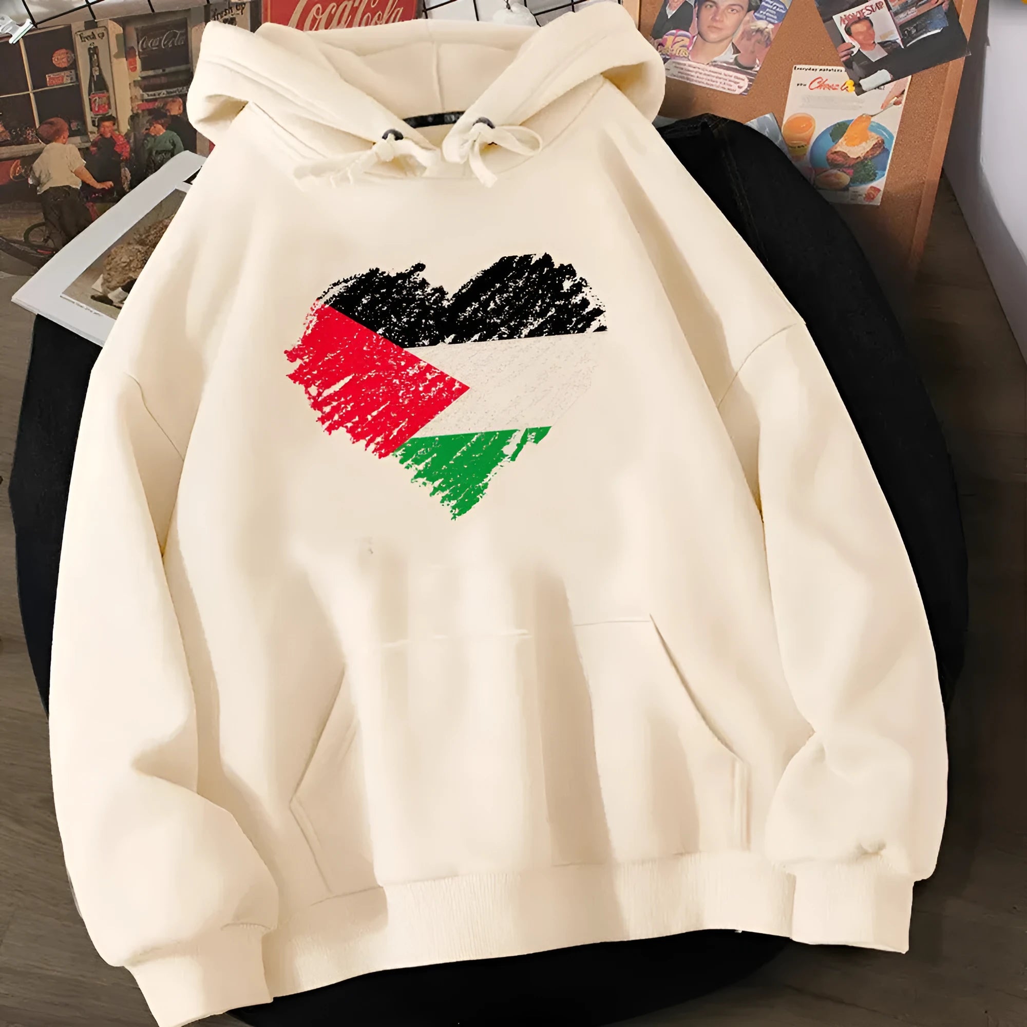 Unisex beige polyester hoodie sweater with regular sleeves and printing process