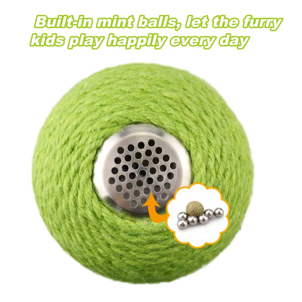 Green cactus-shaped cat scratcher with rolling ball and sisal tree tower for indoor feline play