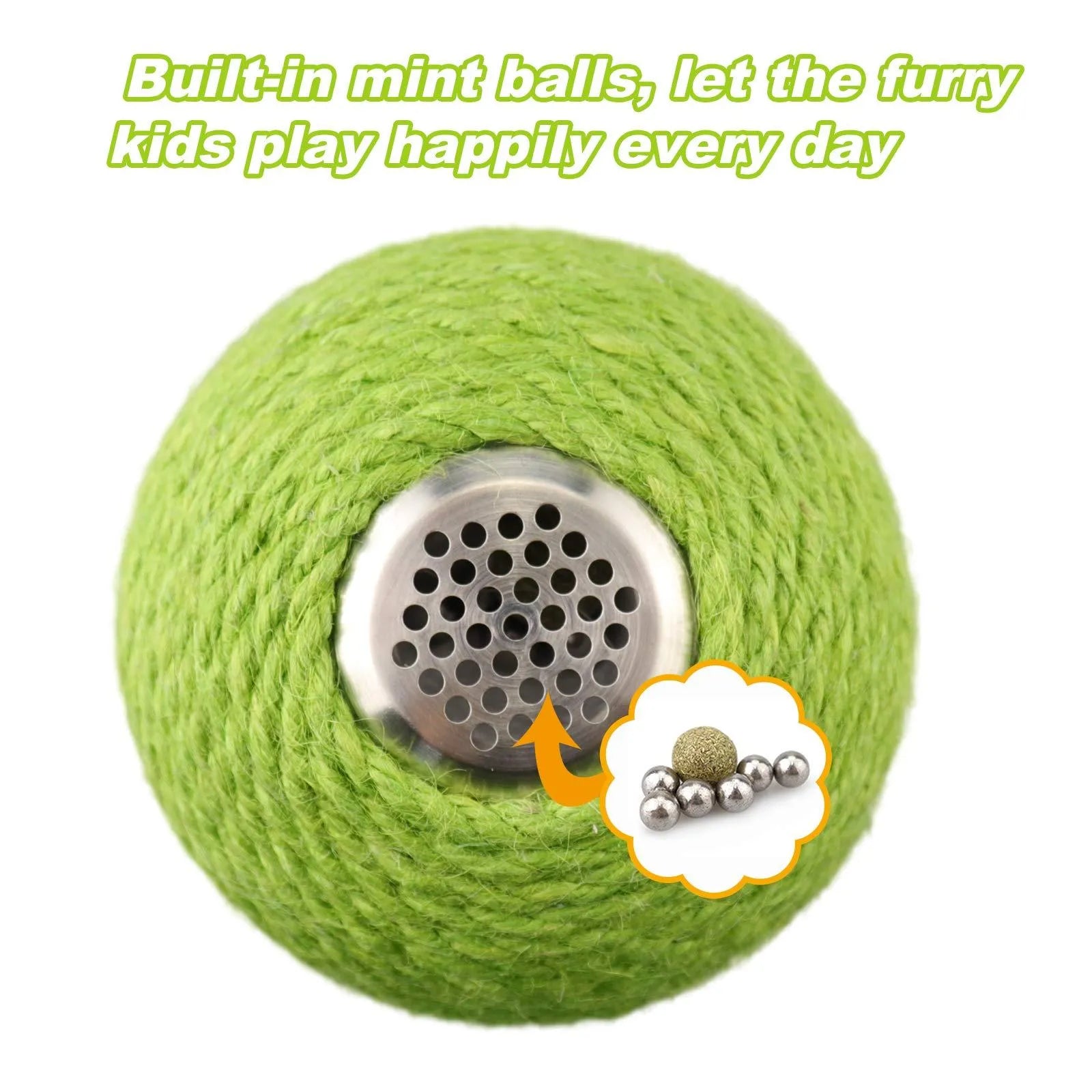 Green cactus-shaped cat scratcher with rolling ball and sisal tree tower for indoor feline play