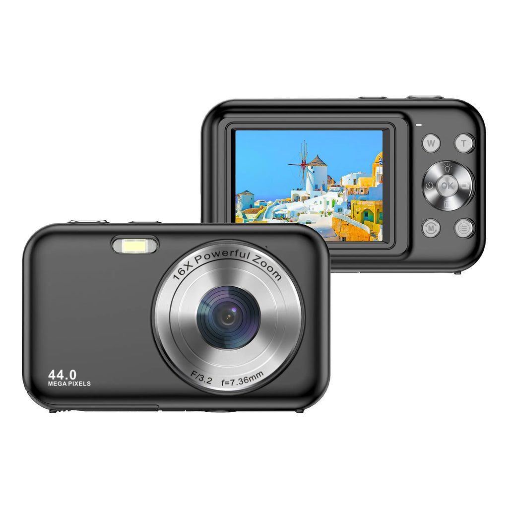 Children's digital camera in colours black, green, pink, purple with 2.4-inch screen, 44MP and 16X zoom.