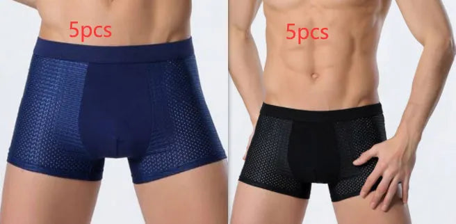 Ice silk men's mesh boxer briefs in black, modal fabric, hollow weave design