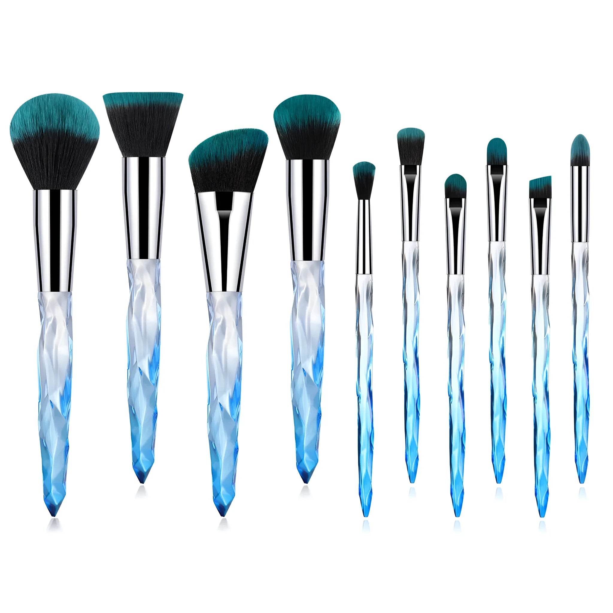 Ten crystal-handle foundation brushes with artificial fibre bristles in a set, showing black, blue, red, and yellow colour options.