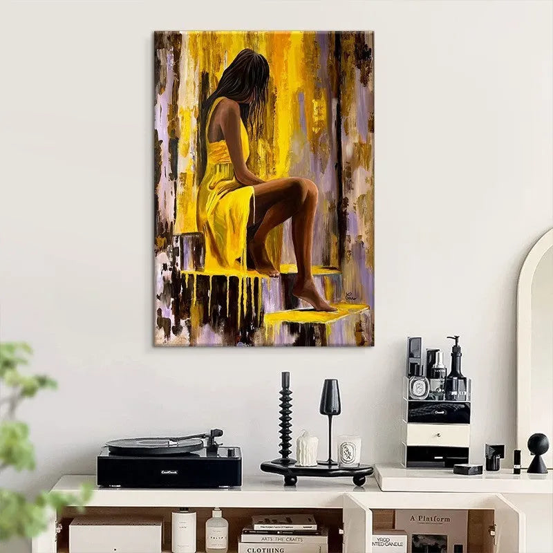 Hand-painted oil painting of a girl in a yellow dress on vertical canvas for living room wall decor