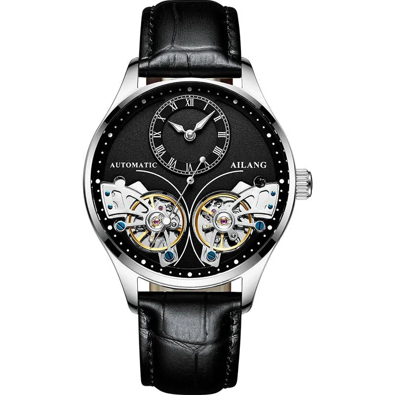 Automatic men's wristwatch with titanium case, round black dial showing tourbillon and moon phase.