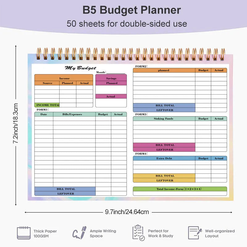 B5 spiral bound budget tally notebook with blue PP cover for financial record keeping