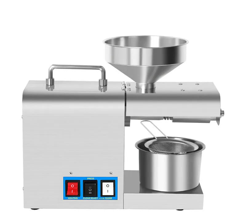 Xiangwei household oil press with digital display measuring 36cm long on kitchen counter