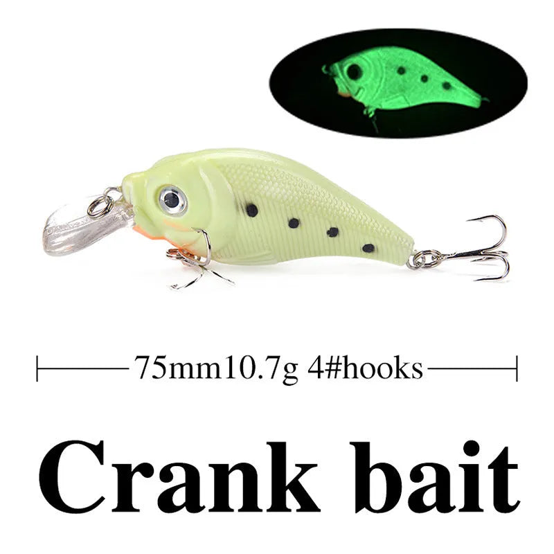 Set of 5 fluorescent hard bait fishing lures with luminous effect for predator angling